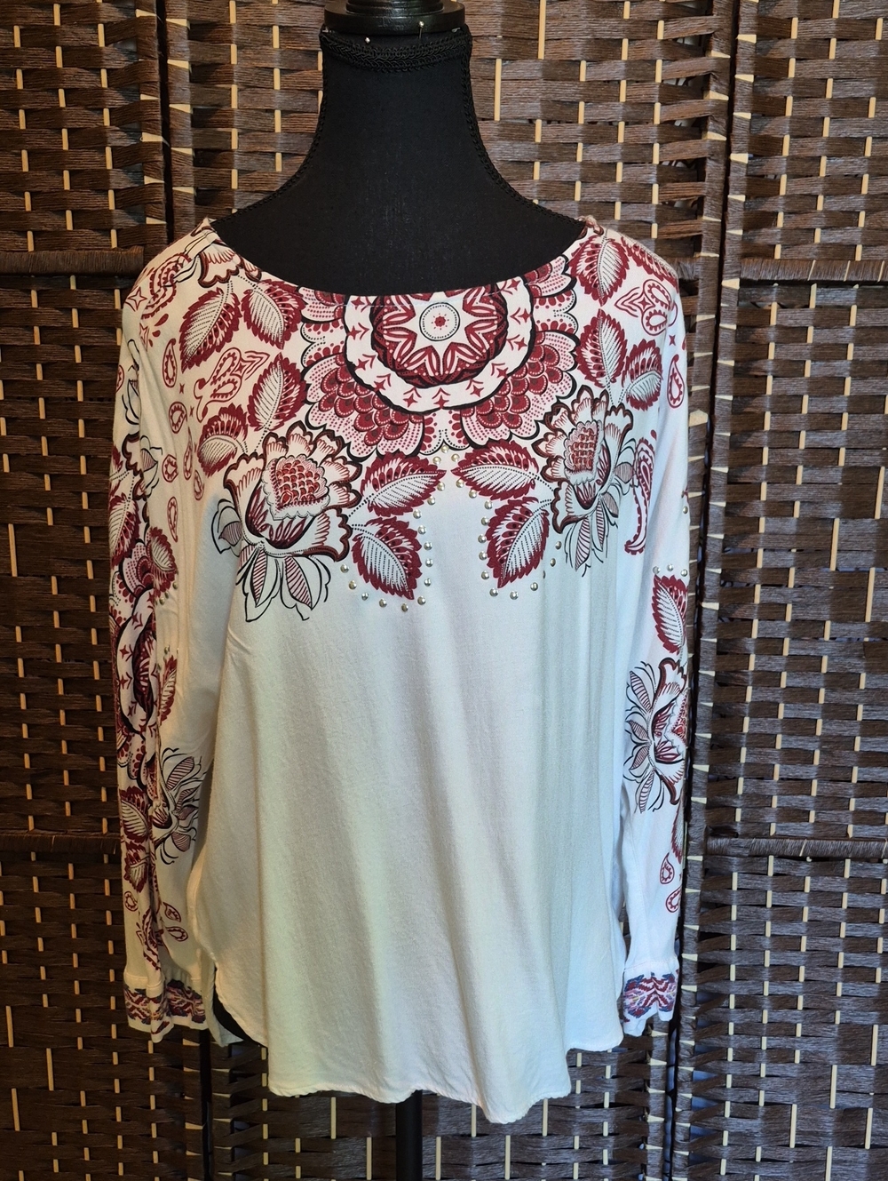 Desigual Cream Long-Sleeve Top with Burgundy Floral Motif